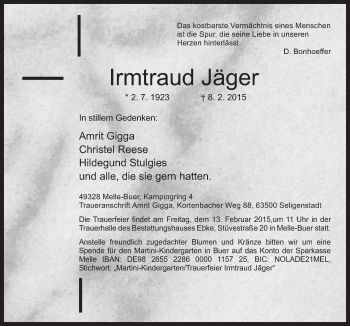 Traueranzeige von Irmtraud Jäger von Neue Osnabrücker Zeitung GmbH & Co. KG