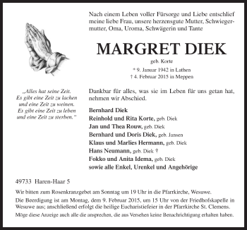 Traueranzeige von Margret Diek von Neue Osnabrücker Zeitung GmbH & Co. KG