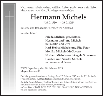 Traueranzeige von Hermann Michels von Neue Osnabrücker Zeitung GmbH & Co. KG