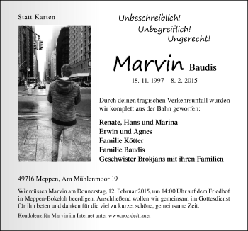 Traueranzeige von Marvin Baudis von Meppener Tagespost