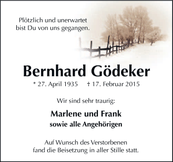 Traueranzeige von Bernhard Gödeker von Neue Osnabrücker Zeitung GmbH & Co. KG