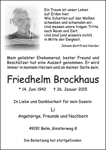Traueranzeige von Friedhelm Brockhaus von Neue Osnabrücker Zeitung GmbH & Co. KG