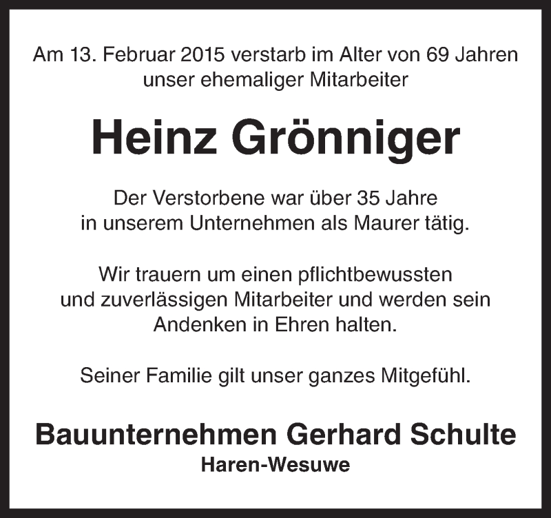  Traueranzeige für Heinz Grönniger vom 19.02.2015 aus Neue Osnabrücker Zeitung GmbH & Co. KG