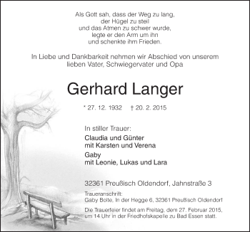 Traueranzeige von Gerhard Langer von Neue Osnabrücker Zeitung GmbH & Co. KG