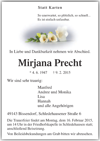 Traueranzeige von Mirjana Precht von Neue Osnabrücker Zeitung GmbH & Co. KG