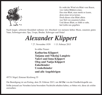 Traueranzeige von Alexander Klippert von Neue Osnabrücker Zeitung GmbH & Co. KG