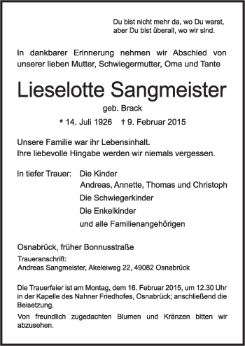 Traueranzeige von Lieselotte Sangmeister von Neue Osnabrücker Zeitung GmbH & Co. KG