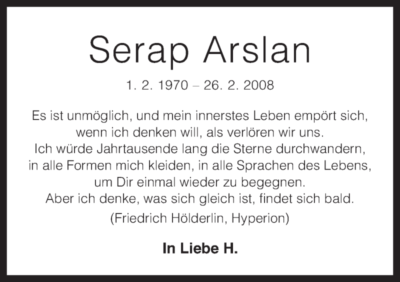  Traueranzeige für Serap Arslan vom 26.02.2015 aus Neue Osnabrücker Zeitung GmbH & Co. KG