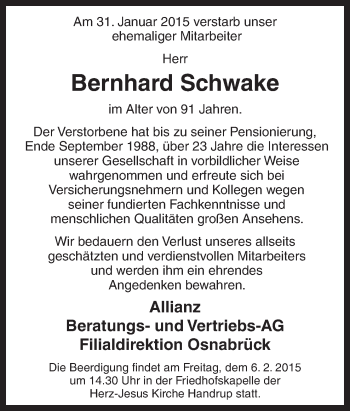 Traueranzeige von Bernhard Schwake von Neue Osnabrücker Zeitung GmbH & Co. KG