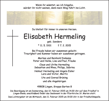 Traueranzeige von Elisabeth Hermeling von Neue Osnabrücker Zeitung GmbH & Co. KG