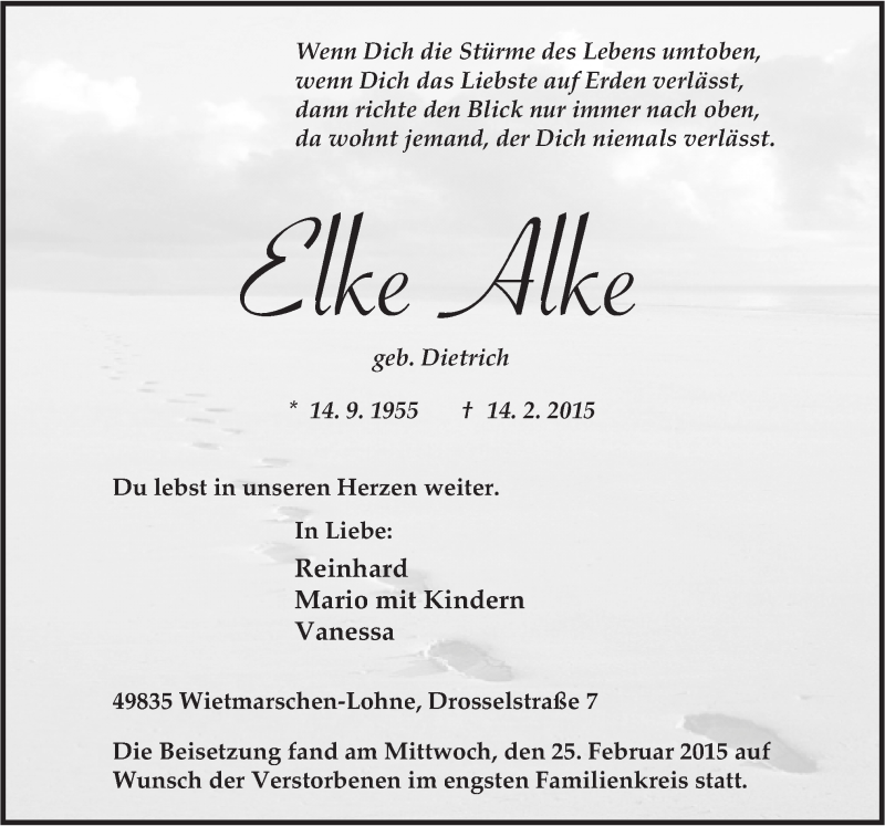  Traueranzeige für Elke Alke vom 26.02.2015 aus Neue Osnabrücker Zeitung GmbH & Co. KG