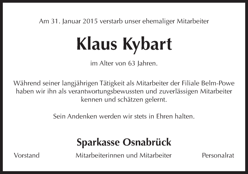  Traueranzeige für Klaus Kybart vom 06.02.2015 aus Neue Osnabrücker Zeitung GmbH & Co. KG