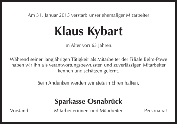 Traueranzeige von Klaus Kybart von Neue Osnabrücker Zeitung GmbH & Co. KG