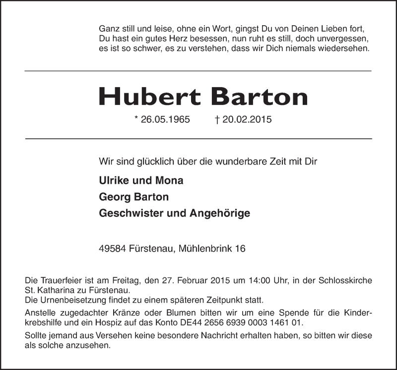  Traueranzeige für Hubert Barton vom 25.02.2015 aus Neue Osnabrücker Zeitung GmbH & Co. KG