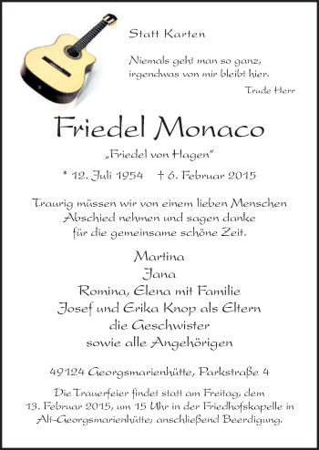 Traueranzeige von Friedel Monaco von Neue Osnabrücker Zeitung GmbH & Co. KG