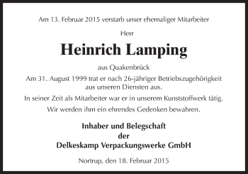 Traueranzeige von Heinrich Lamping von Neue Osnabrücker Zeitung GmbH & Co. KG