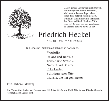 Traueranzeige von Friedrich Heckel von Neue Osnabrücker Zeitung GmbH & Co. KG