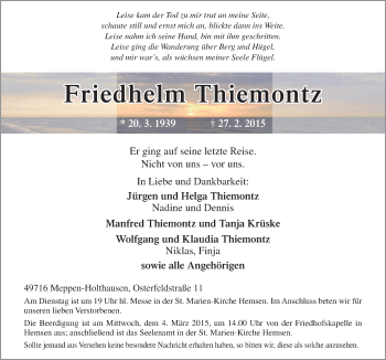 Traueranzeige von Friedhelm Thiemontz von Neue Osnabrücker Zeitung GmbH & Co. KG