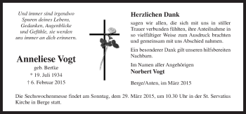 Traueranzeige von Anneliese Vogt von Neue Osnabrücker Zeitung GmbH & Co. KG