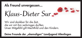 Traueranzeige von Klaus-Dieter Sur von Neue Osnabrücker Zeitung GmbH & Co. KG