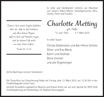 Traueranzeige von Charlotte Metting von Neue Osnabrücker Zeitung GmbH & Co. KG