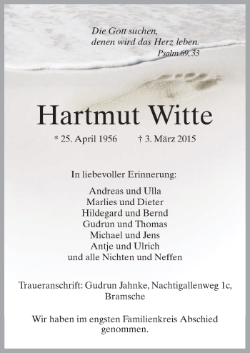 Traueranzeige von Hartmut Witte von Neue Osnabrücker Zeitung GmbH & Co. KG
