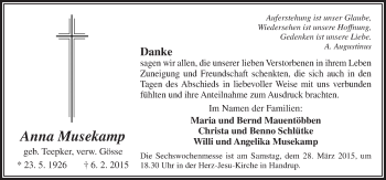 Traueranzeige von Anna Musekamp von Neue Osnabrücker Zeitung GmbH & Co. KG