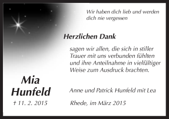 Traueranzeige von Mia Hunfeld von Neue Osnabrücker Zeitung GmbH & Co. KG