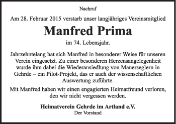 Traueranzeige von Manfred Prima von Neue Osnabrücker Zeitung GmbH & Co. KG