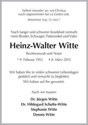 Traueranzeige von Heinz-Walter Witte von Neue Osnabrücker Zeitung GmbH & Co. KG