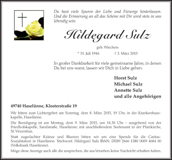 Traueranzeige von Hildegard Sulz von Neue Osnabrücker Zeitung GmbH & Co. KG