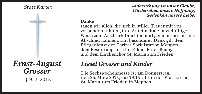  Traueranzeige für Ernst-August Grosser vom 21.03.2015 aus Neue Osnabrücker Zeitung GmbH & Co. KG