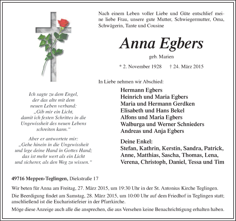  Traueranzeige für Anna Egbers vom 26.03.2015 aus Neue Osnabrücker Zeitung GmbH & Co. KG