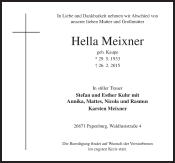 Traueranzeige von Hella Meixner von Neue Osnabrücker Zeitung GmbH & Co. KG