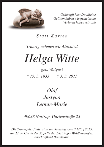 Traueranzeige von Helga Witte von Neue Osnabrücker Zeitung GmbH & Co. KG