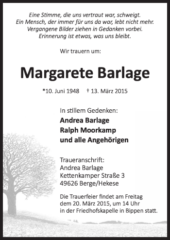 Traueranzeige von Margarete Barlage von Neue Osnabrücker Zeitung GmbH & Co. KG