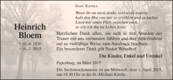 Traueranzeige von Heinrich Bloem von Neue Osnabrücker Zeitung GmbH & Co. KG