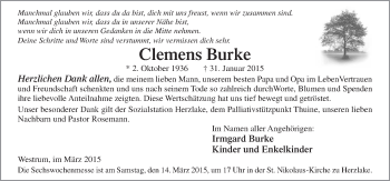 Traueranzeige von Clemens Burke von Neue Osnabrücker Zeitung GmbH & Co. KG