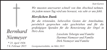 Traueranzeige von Bernhard Niemeyer von Neue Osnabrücker Zeitung GmbH & Co. KG