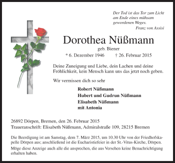 Traueranzeige von Dorothea Nüßmann von Neue Osnabrücker Zeitung GmbH & Co. KG