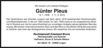 Traueranzeige von Günter Pleus von Neue Osnabrücker Zeitung GmbH & Co. KG