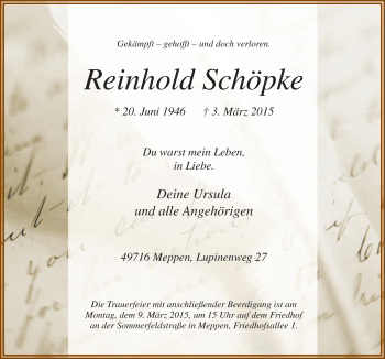 Traueranzeige von Reinhold Schöpke von Neue Osnabrücker Zeitung GmbH & Co. KG