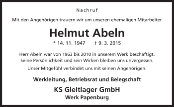 Traueranzeige von Helmut Abeln von Neue Osnabrücker Zeitung GmbH & Co. KG