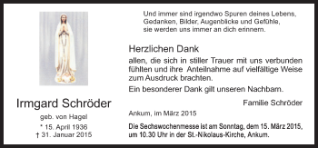 Traueranzeige von Irmgard Schröder von Neue Osnabrücker Zeitung GmbH & Co. KG