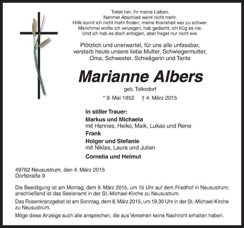  Traueranzeige für Marianne Albers vom 06.03.2015 aus Neue Osnabrücker Zeitung GmbH & Co. KG