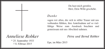 Traueranzeige von Anneliese Robker von Neue Osnabrücker Zeitung GmbH & Co. KG