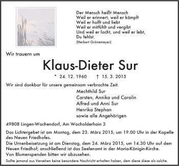 Traueranzeige von Klaus-Dieter Sur von Neue Osnabrücker Zeitung GmbH & Co. KG