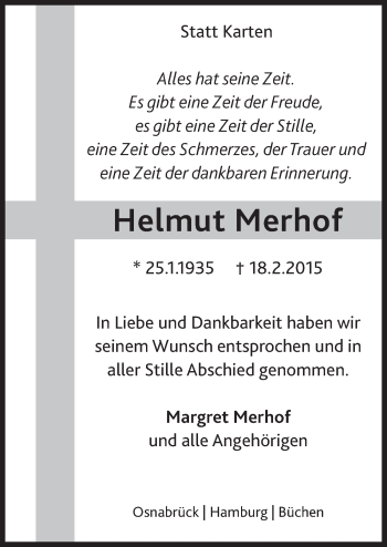 Traueranzeige von Helmut Merhof von Neue Osnabrücker Zeitung GmbH & Co. KG
