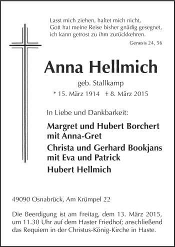 Traueranzeige von Anna Hellmich von Neue Osnabrücker Zeitung GmbH & Co. KG