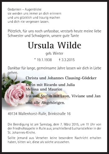 Traueranzeige von Ursula Wilde von Neue Osnabrücker Zeitung GmbH & Co. KG